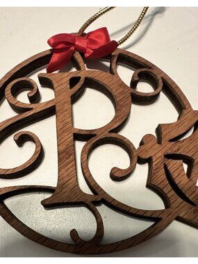Wood Vine Letter “P” Initial Monogram Wood  Christmas Ornament 4”